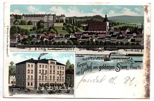 Litho Ak Gruss vom Gasthof zum goldenen Stern Pirna Sachsen 1905