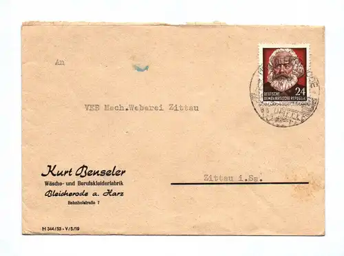 Brief Kurt Benseler Wäsche Berufskleiderfabrik Bleicherode Harz DDR