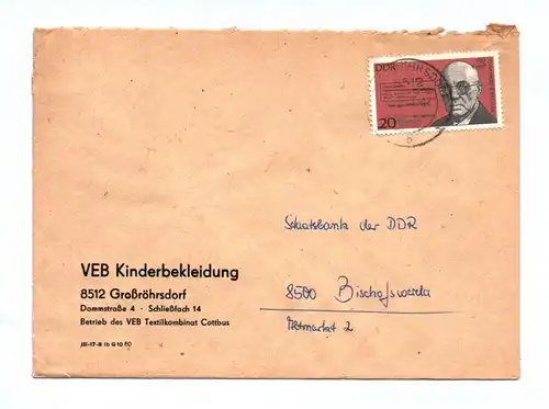 Brief VEB Kinderbekleidung DDR Großröhrsdorf an Staatsbank der DDR
