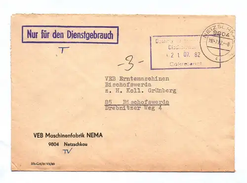 Brief Nur für Dienstgebrauch VEB Maschinenfabrik NEMA Netzschkau 1982 DDR
