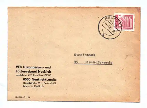 Brief DDR 1981 VEB Diwandecken und Läuferweberei Neukirch an Staatsbank
