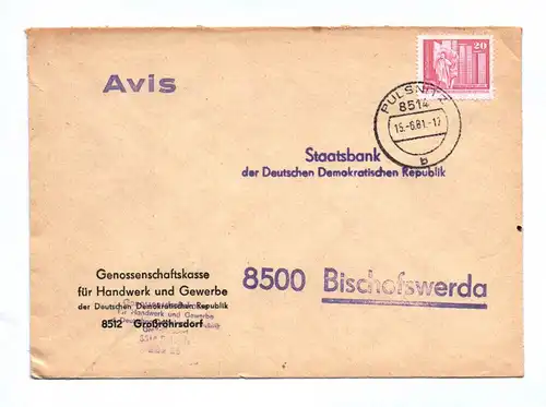 DDR Brief Avis Genossenschaftskasse Handwerk und Gewerbe Großröhrsdorf 1981