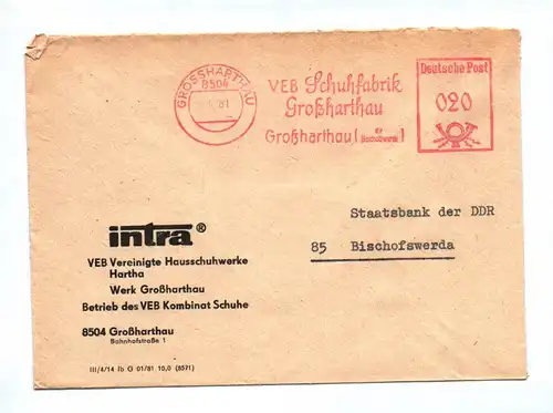 Brief intra 1981 VEB Vereinigte Hausschuhwerke Hartha Werk Großharthau DDR