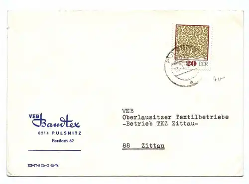 Brief VEB Bandtex Pulsnitz an Oberlausitzer Textilbetriebe TKZ 1976