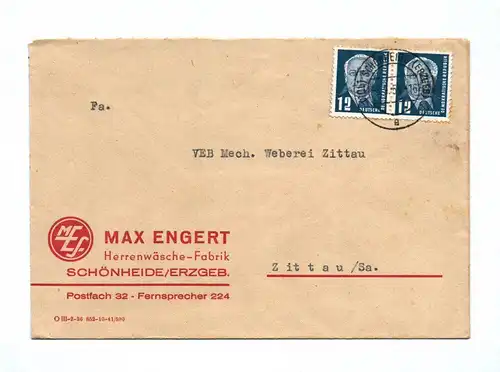 Brief DDR 1953 Max Engert Herrenwäsche Fabrik Schönheide Erzgebirge