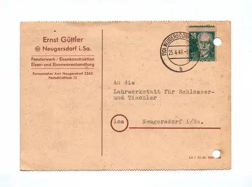 Brief Fensterwerk Eisenkonstruktion 1949 Eisenwarenhandlung Neugersdorf