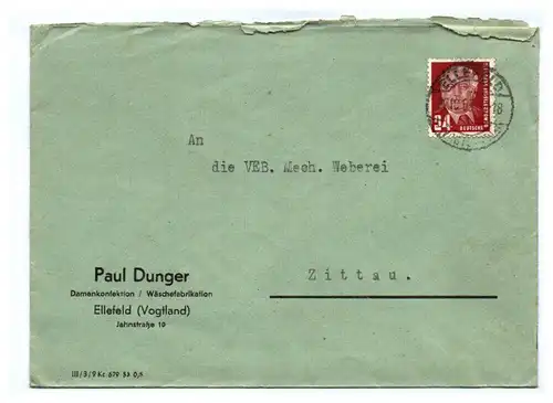 Brief Paul Dunger Damenkonfektion Wäschefabrikation Ellefeld DDR