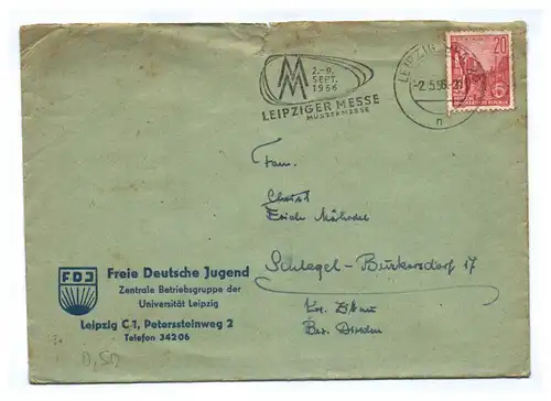 Brief DDR 1956 Freie Deutsche Jugend Universität Leipzig