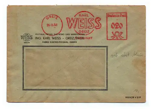 Brief 1958 Greiz DDR ING Büro und Werkstätten Karl Weiss Thüringen