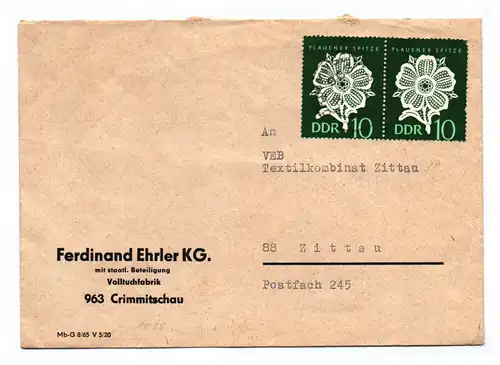 Brief Ferdinand Ehrler KG staatliche Beteiligung Crimmitschau DDR