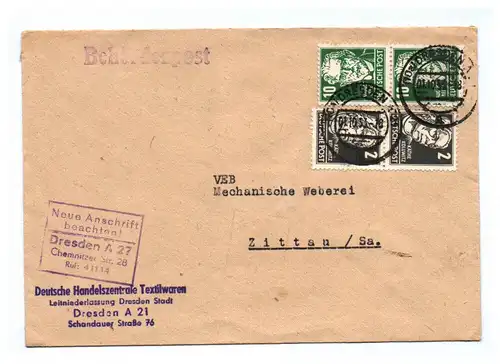 Behördenpost Deutsche Handelszentrale Textilwaren Dresden 1953 DDR