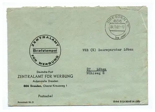 Brief Zentralamt für Werbung 1969 Außenstelle Dresden