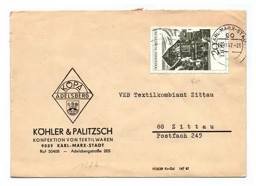 Brief Köhler Palitzsch Konfektion Textilwaren Karl Marx Stadt DDR 1967