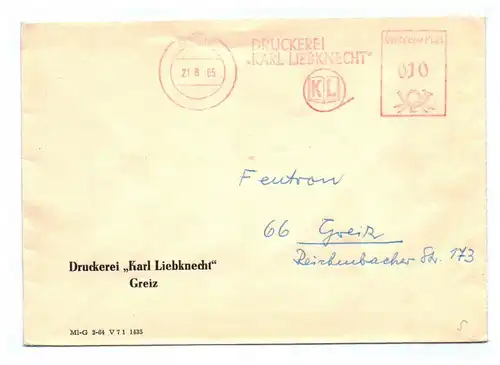 Brief Druckerei Karl Liebknecht Greiz 1965 DDR