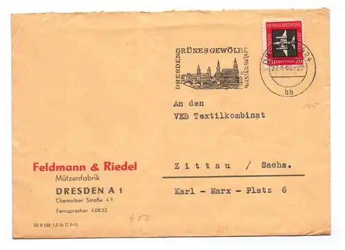 Brief Feldmann und Riedel Mützenfabrik Dresden DDR 1962