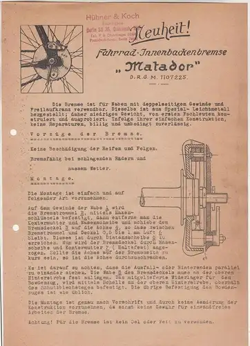 Reklame Blatt Fahrrad Innenbackenbremse Matador um 1935 ! (D2