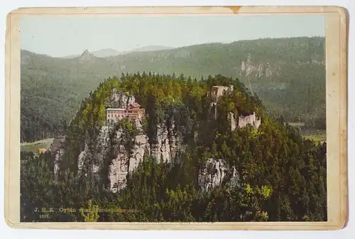 Koloriertes Kabinettfoto Oybin vom Pferdeberge aus 1890er Zittauer Gebirge