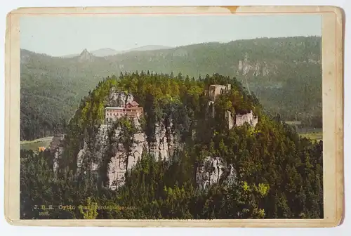 Koloriertes Kabinettfoto Oybin vom Pferdeberge aus 1890er Zittauer Gebirge 