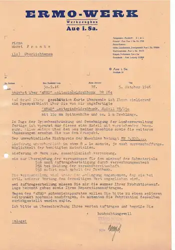 Konvolut Briefkopf Werbepapiere Ermo Werk Werkzeugbau Aue Sa.1946