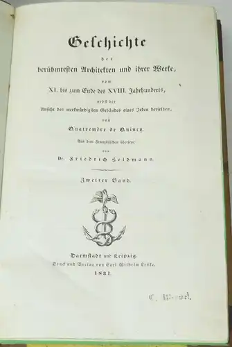 Quincy Geschichte der berühmtesten Architekten und ihrer Werke 1831 zweiter Band