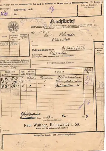 Frachtbrief Paul Walther Hainewalde nach Eibau 1929 