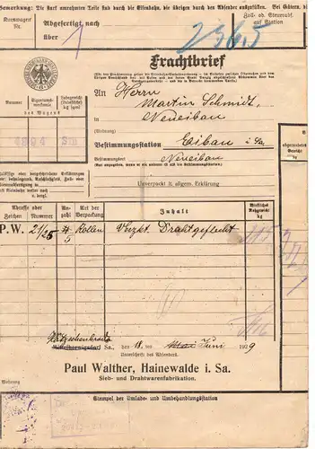 Frachtbrief Paul Walther Hainewalde nach Eibau 1929