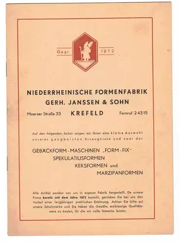 Prospekt Niederrheinische Formenfabrik Janssen & Sohn Krefeld Schokoladenformen 