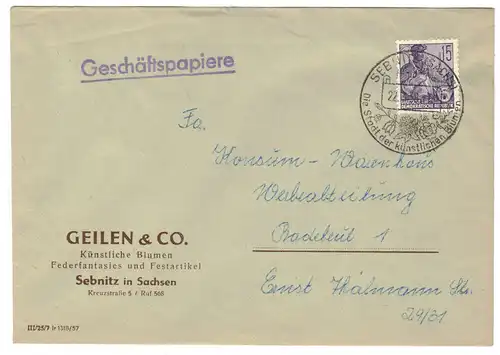 Werbe Brief 1958 Geilen & Co Künstliche Blumen Sebnitz DDR !