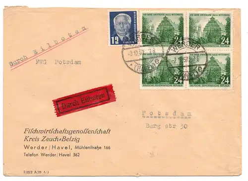 Brief Fischwirtschaftsgenossenschaft Zauch-Belzig Werder Havel 1952 MiF !