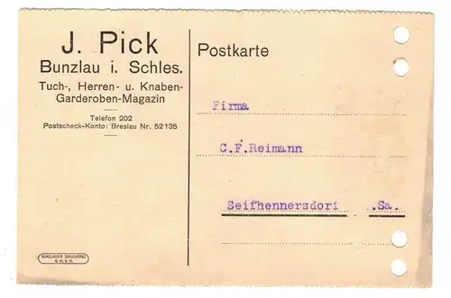Postkarte J.Pick Bunzlau Schlesien  Bolesławiec  1926 Reklame !