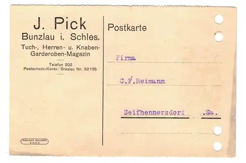 Postkarte J.Pick Bunzlau Schlesien  Bolesławiec  1926 Reklame