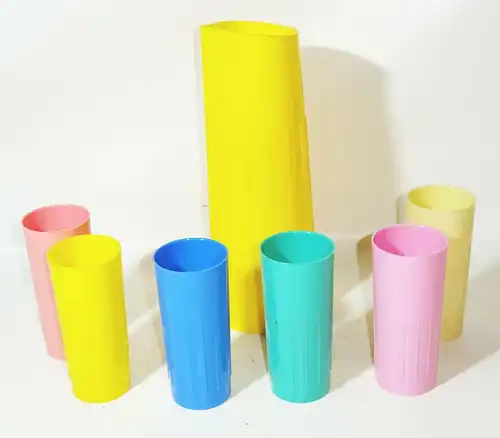 1 von 19 Saftkrug Set Plaste Krug mit je 6 Becher Retro DDR Trinkbecher Camping 