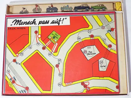 Schmidt Brettspiel Mensch paß auf Verkehrsspiel 2 Wk Zinnfiguren