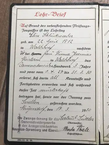 Lehrbrief Damenschneider Schneider Zeugnis Gewerbekammer Zittau 1912