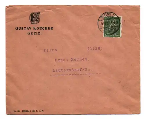 Brief Gustav Koecher Greiz 1922 an Ernst Berndt DR