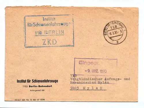 Brief Institut für Schienenfahrzeuge Berlin Bohnsdorf ZKD 1970