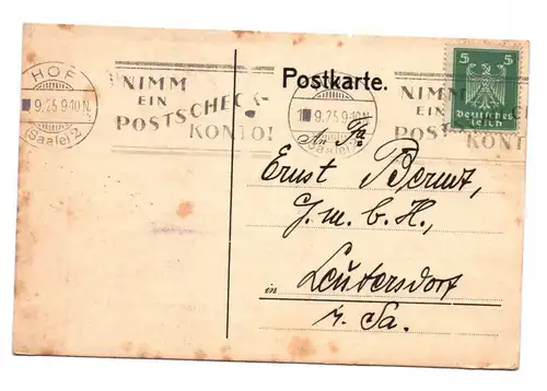 Brief Hof 1925 DR Postkarte Ernst Berndt GmbH Leutersdorf