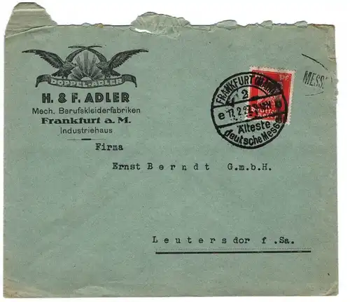 Brief H F Adler Mech Berufskleiderfabriken 1927 Frankfurt a M