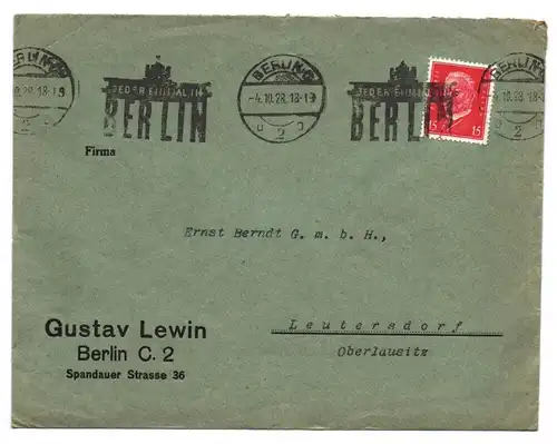 Brief Gustav Lewin Berlin nach Leutersdorf Oberlausitz 1928