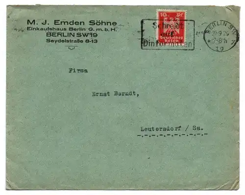 Brief MJ EMden Söhne Einkaufshaus Berlin 1926