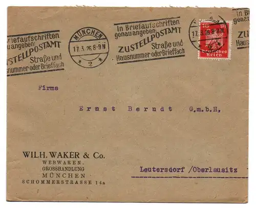 Brief 1926 Wilh Waker Co Webwaren Grosshandlung München DR