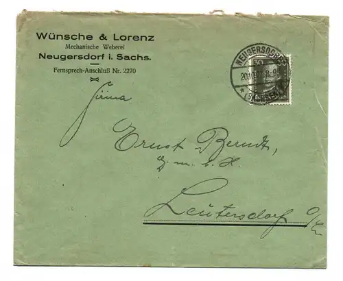 Brief 1927 Wünsche Lorenz Mechanische Weberei Neugersdorf Sachsen