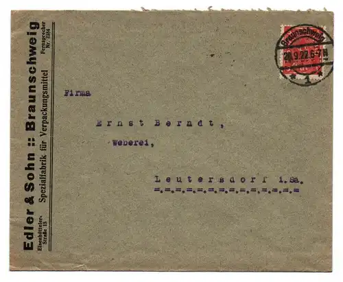 Brief Edler und Sohn Braunschweig Spezialfabrik Verpackungsmittel 1922