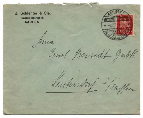 Brief J Schlenter Cie Schermesserfabrik Aachen DR 1925