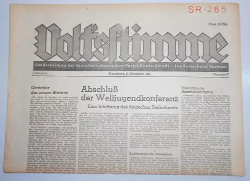 Zeitung Oktober 1945 Volksstimme Landeszeitung der SPD Sachsen Nr. 57