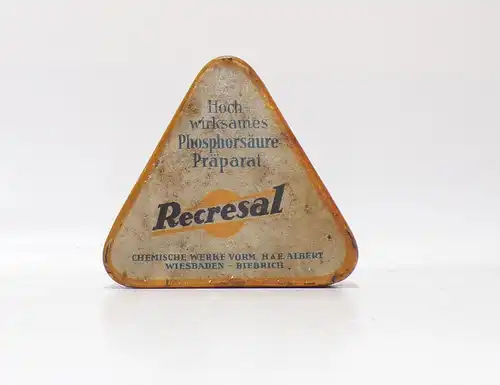 Alte Blechdose Recresal Dreiecksdose Präparat Medizin vintage Sammler