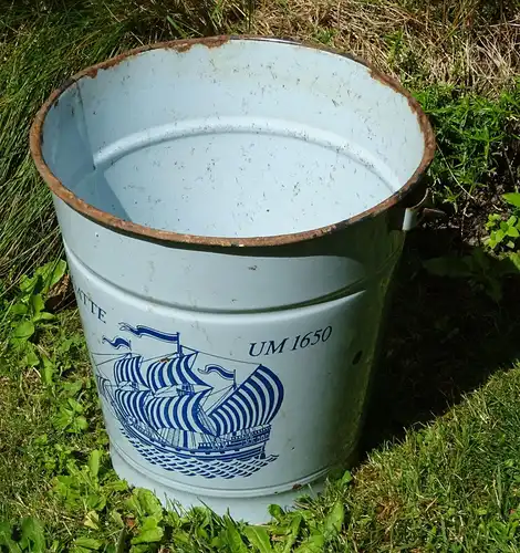 Alter Emaille Eimer 10 Liter Pflanzkübel Garten Deko Vintage Shabby Blau Motiv