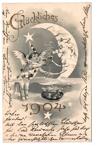 Litho Ak Neujahr 1904 Engel und Mond trinken Punsch goldgeprägt 1903