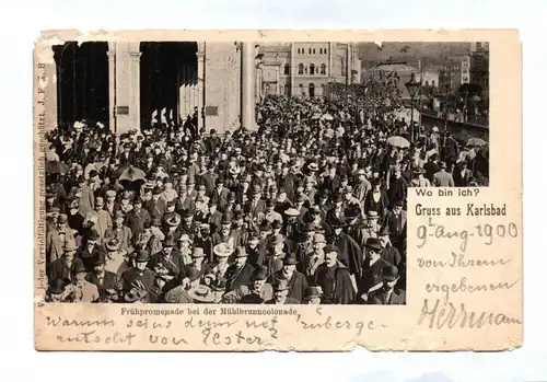 Ak Wo bin ich Gruss aus Karlsbad Frühpromenade Tschechien 1900