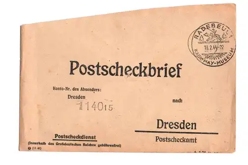 Postscheckbrief Radebeul 1944 Stempel nach Dresden Beleg